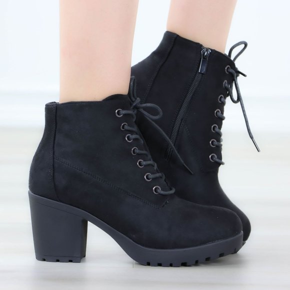 Black Suede Ankle Chunky Block Lug High Heel Boots Lace-Up - Picture 3 of 13